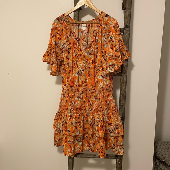 Aerie Orange Floral Smocked Waist Mini Dress - Picture 3 of 8